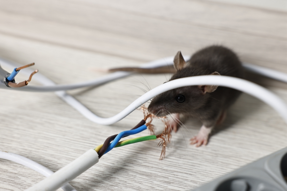 A rat chewing on wires.