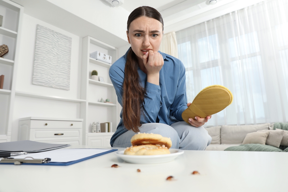 A woman trying to get rid of cockroaches in her home.