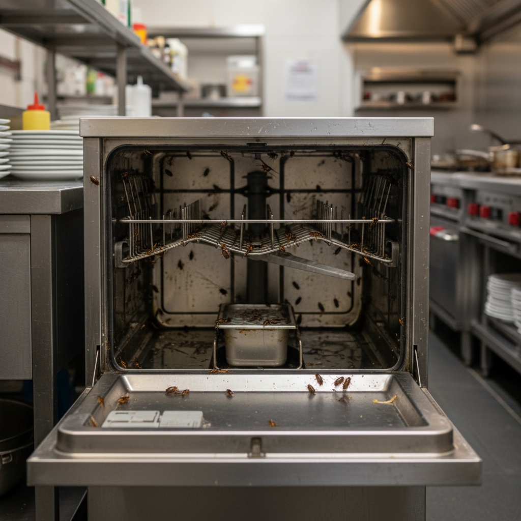 A greasy oven in a restaurant covered in cockroaches.